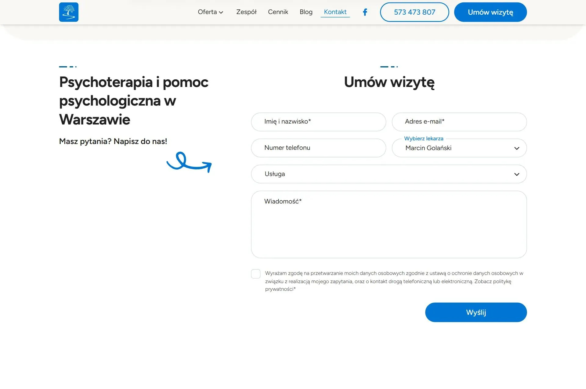 Formularz Umów wizytę na stronie kontaktu z wybranym już specjalistą Marcinem Golańskim, polami na dane, usługę i wiadomość