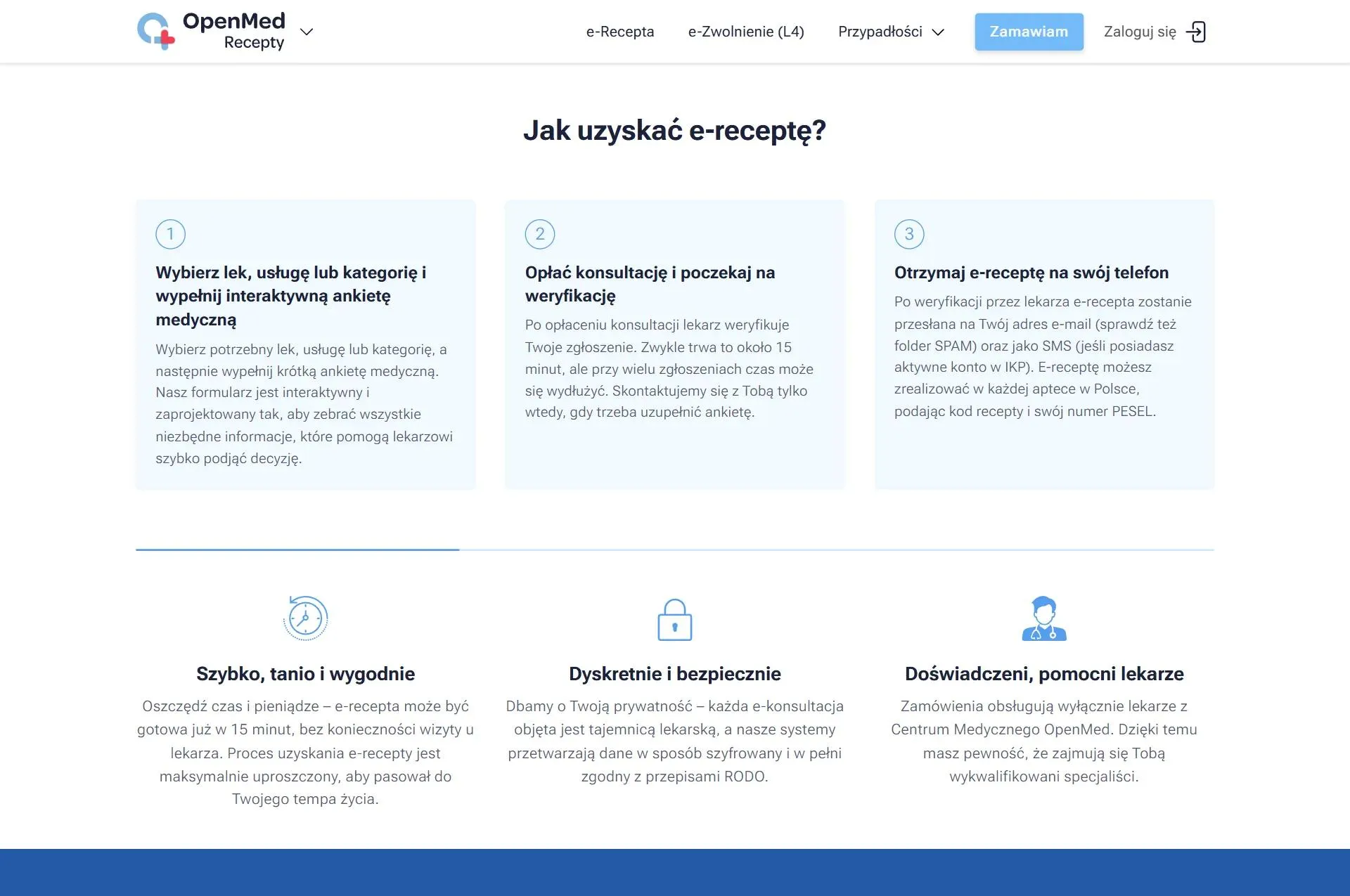 Sekcja Jak uzyskać e-receptę? na recepty.openmed.pl: trzy kroki zamówienia i zalety usługi, m.in. dyskretnie i bezpiecznie