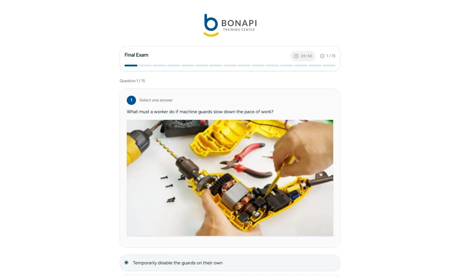 Test VCA Basic otwarty w platformie Bonapi: pytanie z ilustracją, odpowiedzi, licznik czasu i postęp.