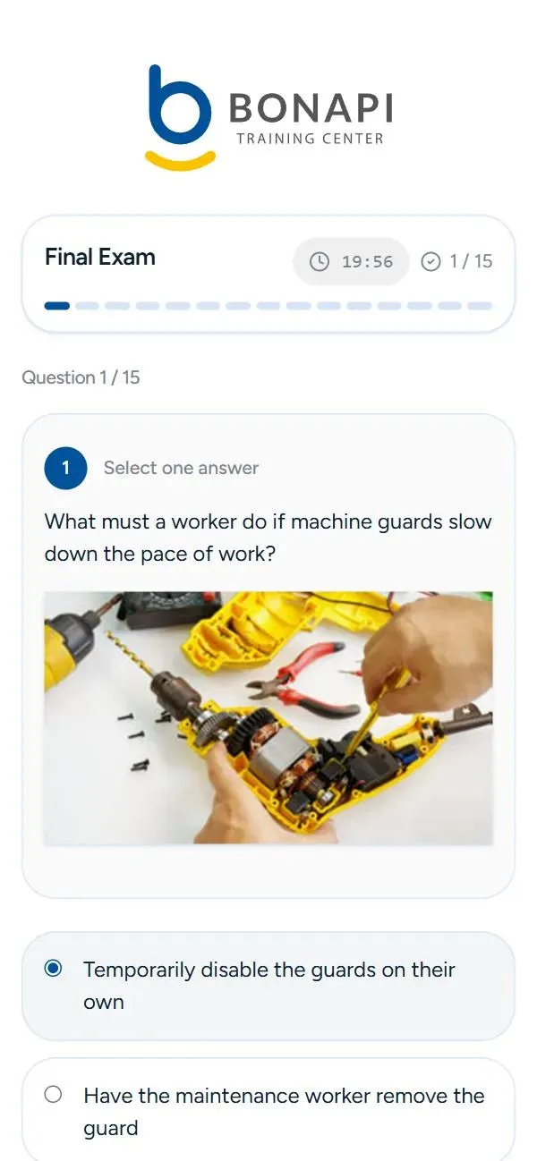 The VCA Basic test open in the Bonapi platform: a question with an illustration, answers and a timer.
