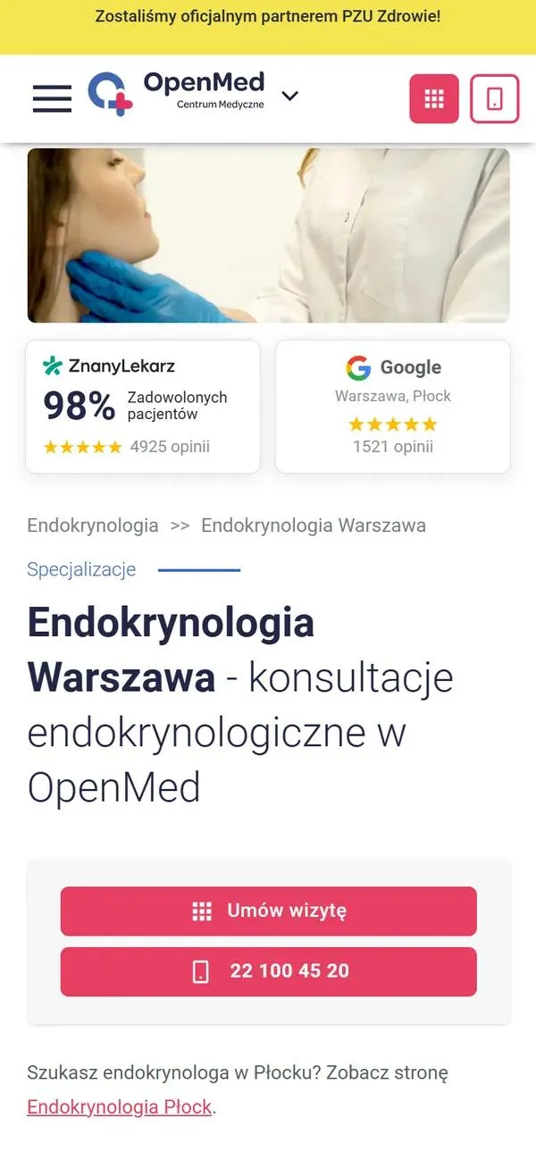 Podstrona Endokrynologia Warszawa na telefonie: ścieżka nawigacji, nagłówek, przyciski rejestracji i odnośnik do strony dla Płocka
