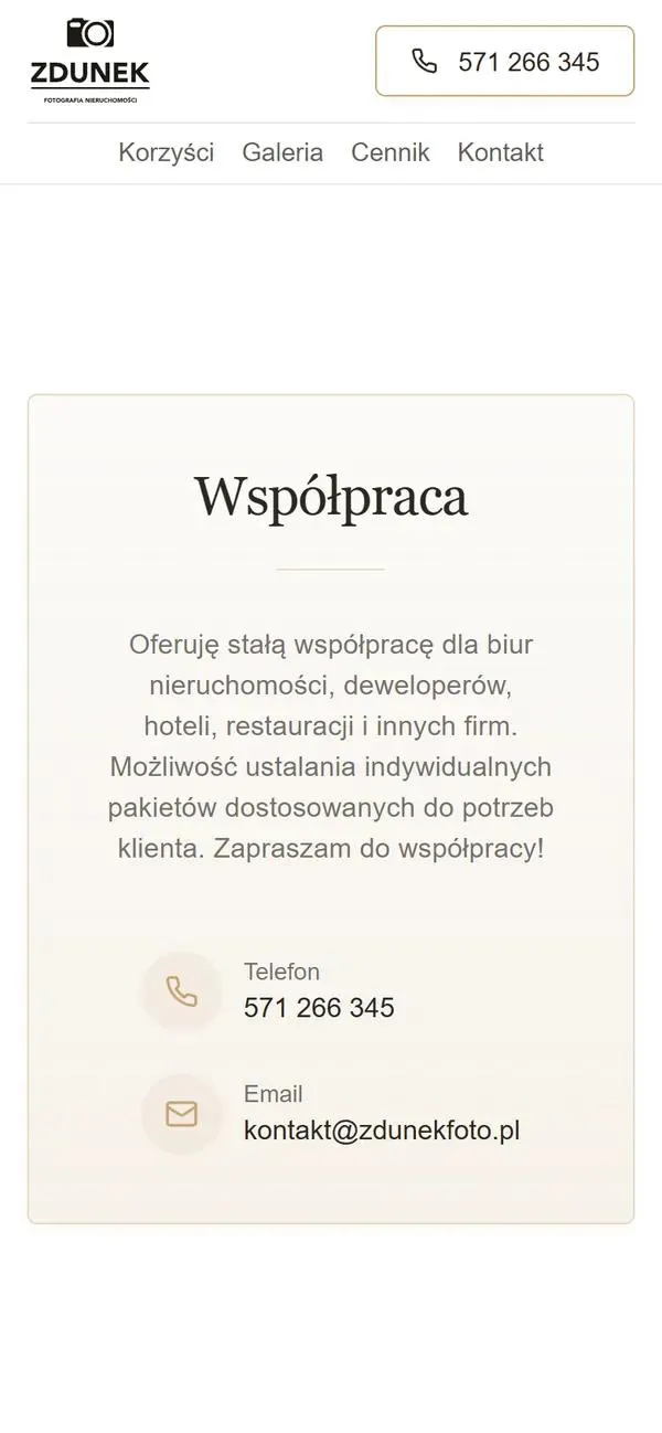 Sekcja Współpraca na telefonie: oferta stałej współpracy dla biur nieruchomości, deweloperów, hoteli i restauracji, z telefonem i e-mailem
