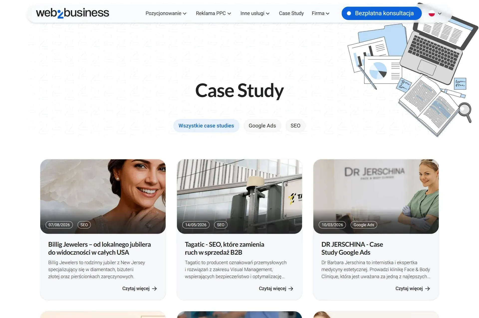Lista case studies na stronie W2B: filtr Google Ads i SEO oraz pierwszy rząd kart z datami i kategoriami