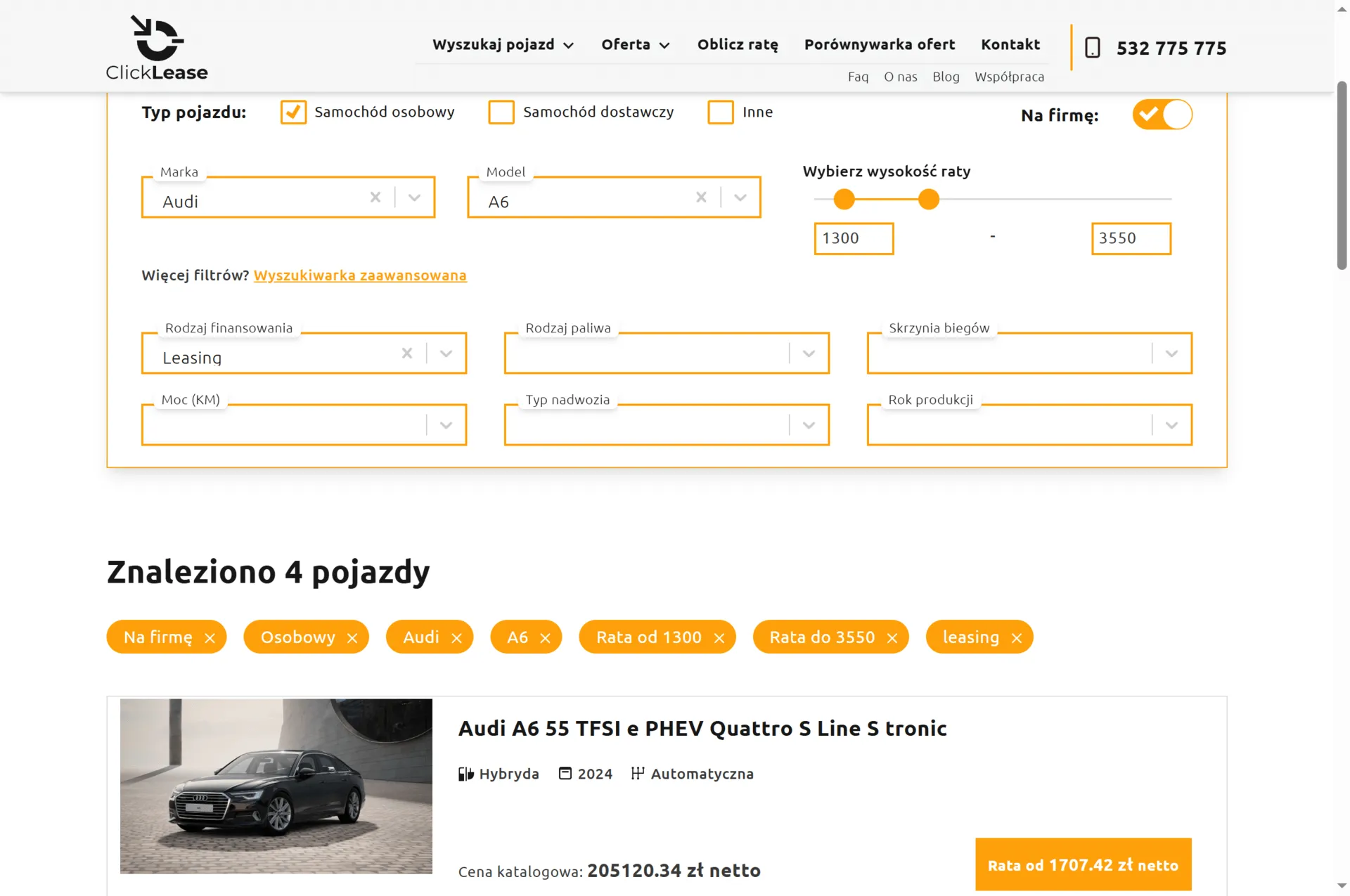 Wyszukiwarka pojazdów na clicklease.pl z filtrami marki, modelu, raty i rodzaju finansowania oraz wynikiem Audi A6 z ceną katalogową i ratą netto