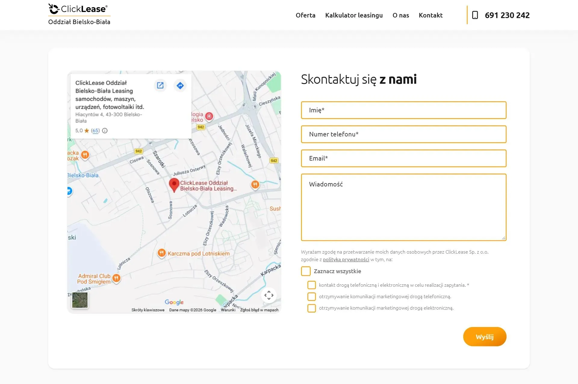 Kontakt na stronie ClickLease Bielsko-Biała: mapa Google z wizytówką oddziału, adresem i oceną oraz formularz z imieniem, telefonem, e-mailem i wiadomością