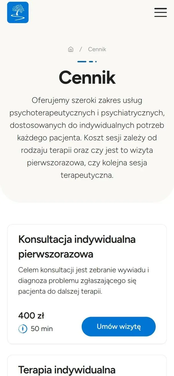 Cennik na telefonie: konsultacja indywidualna pierwszorazowa z ceną, czasem trwania i przyciskiem Umów wizytę