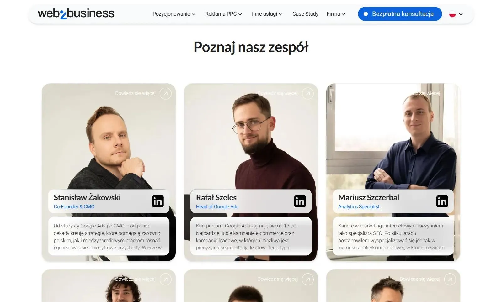 Sekcja Poznaj nasz zespół na stronie O nas W2B: zdjęcia, stanowiska, ikony LinkedIn i początki opisów specjalistów
