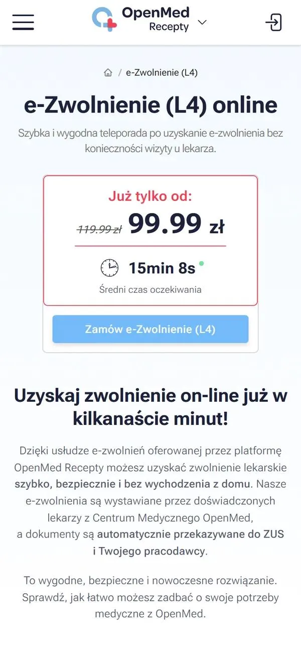 Podstrona e-zwolnienia L4 na telefonie: cena konsultacji, średni czas oczekiwania, przycisk zamówienia i opis usługi