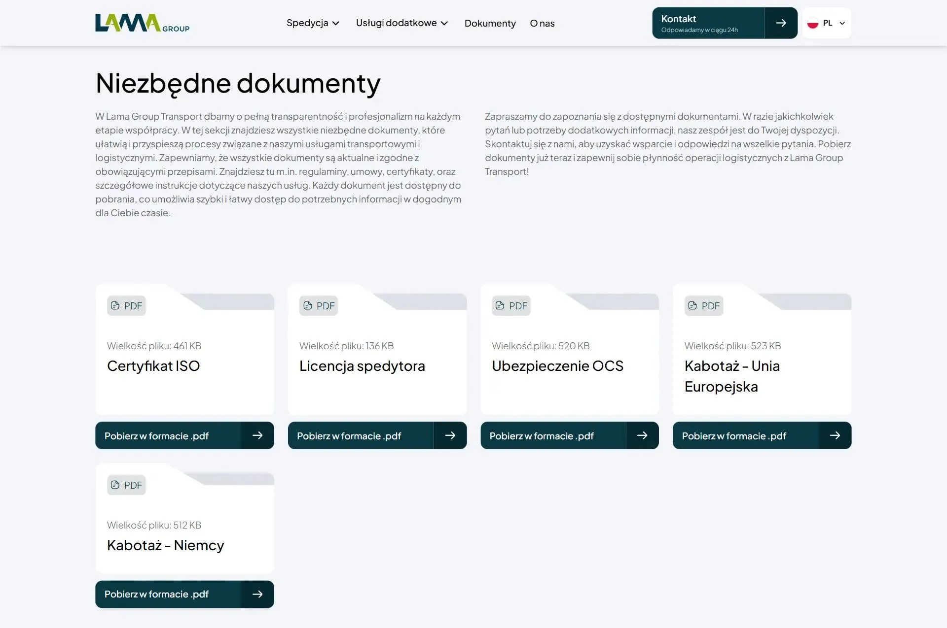 Podstrona Niezbędne dokumenty: pięć kart PDF z rozmiarem pliku, m.in. certyfikat ISO, licencja spedytora, ubezpieczenie OCS i kabotaż w UE