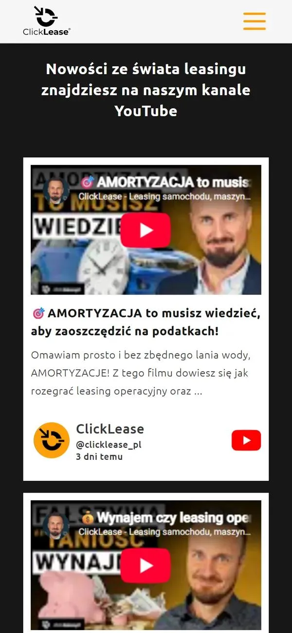 Sekcja z najnowszymi filmami z kanału YouTube ClickLease na stronie głównej w wersji mobilnej: miniatura, tytuł, opis i data filmu