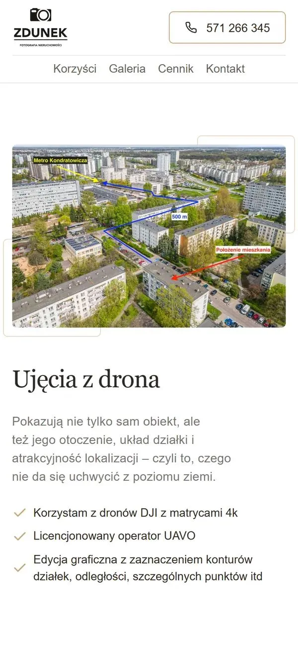 Sekcja Ujęcia z drona na telefonie: zdjęcie osiedla z zaznaczoną drogą do metra i punkty o dronach DJI i licencji operatora UAVO