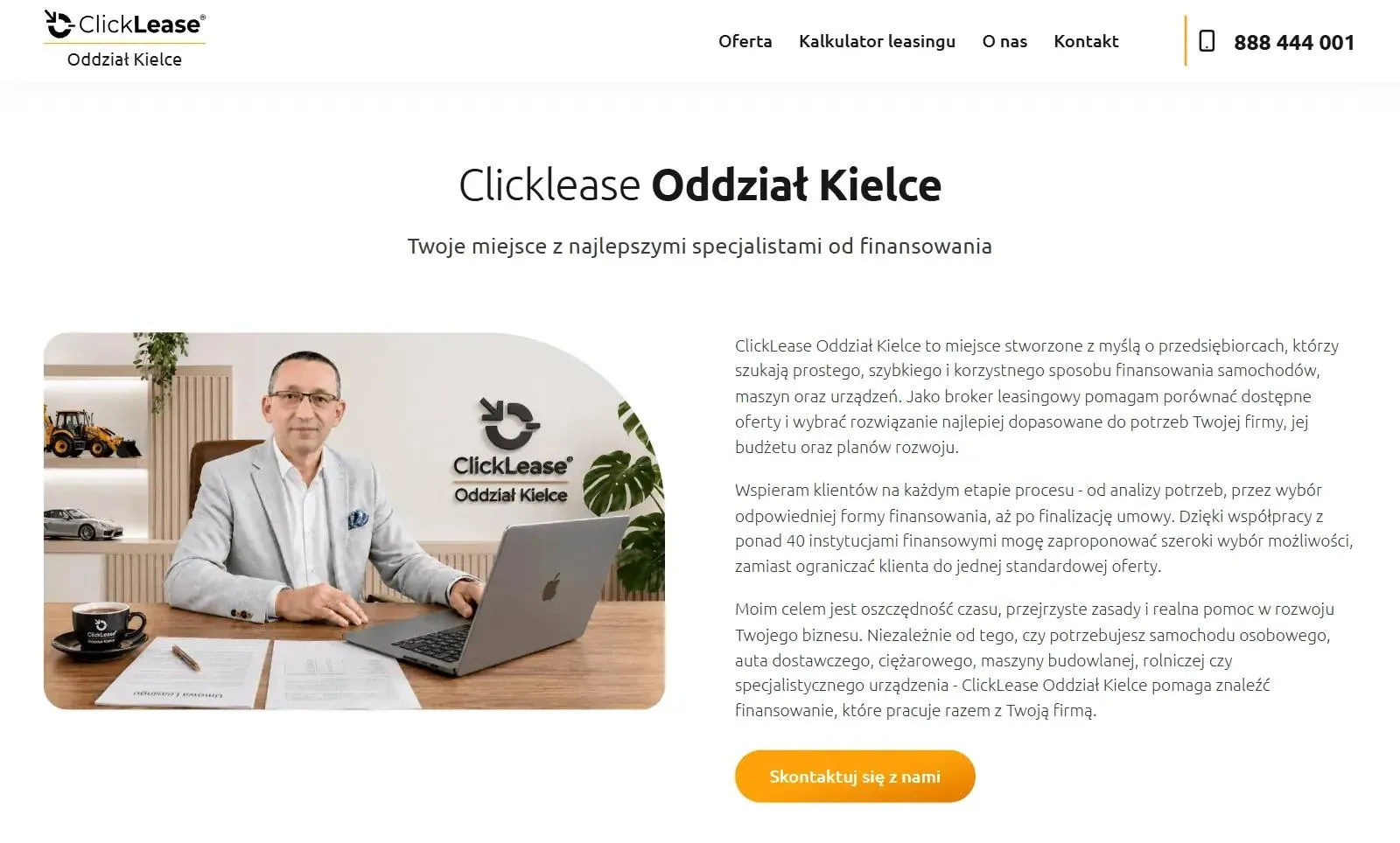 Sekcja O nas na stronie ClickLease Kielce: doradca przy biurku pod logo ClickLease Oddział Kielce i opis oddziału pisany w pierwszej osobie