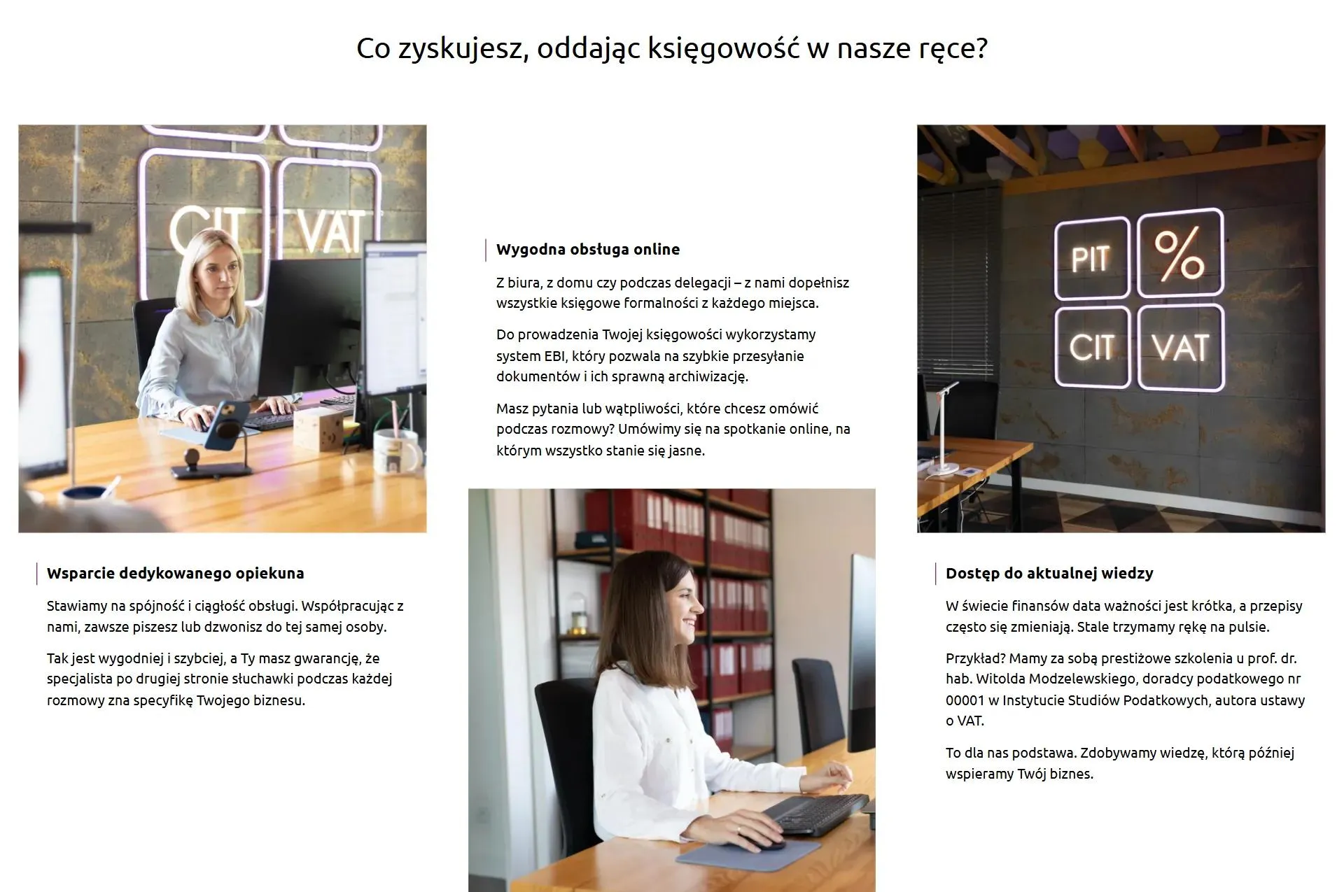 Sekcja Co zyskujesz na pitcitvat.com: dedykowany opiekun, obsługa online w systemie EBI i szkolenia, obok zdjęcia pracownic i neonu z logo