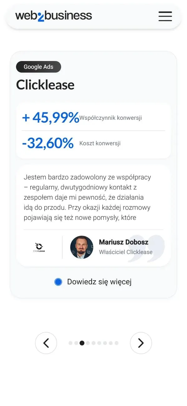 Karta case study na stronie głównej W2B w wersji mobilnej: dwa wyniki kampanii i opinia klienta