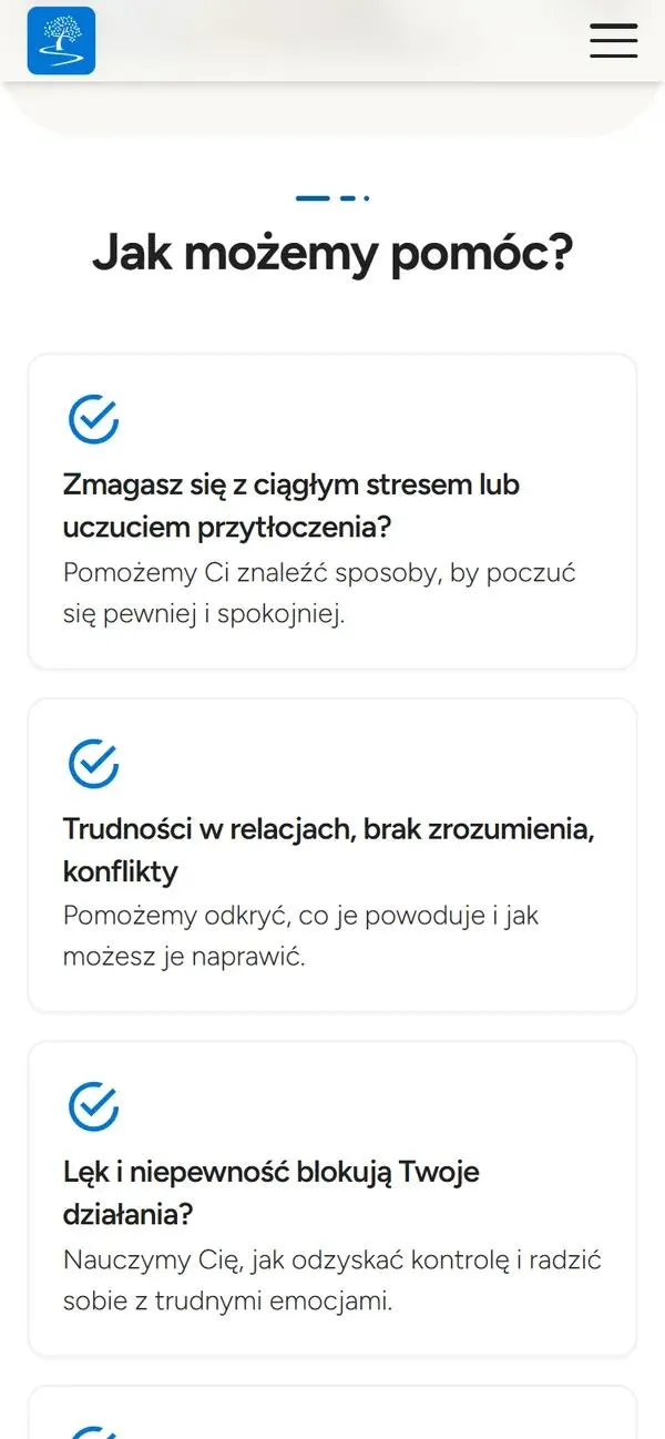 Lista Jak możemy pomóc? z podstrony terapii indywidualnej na telefonie: ciągły stres, trudności w relacjach i lęk, każde z krótką odpowiedzią