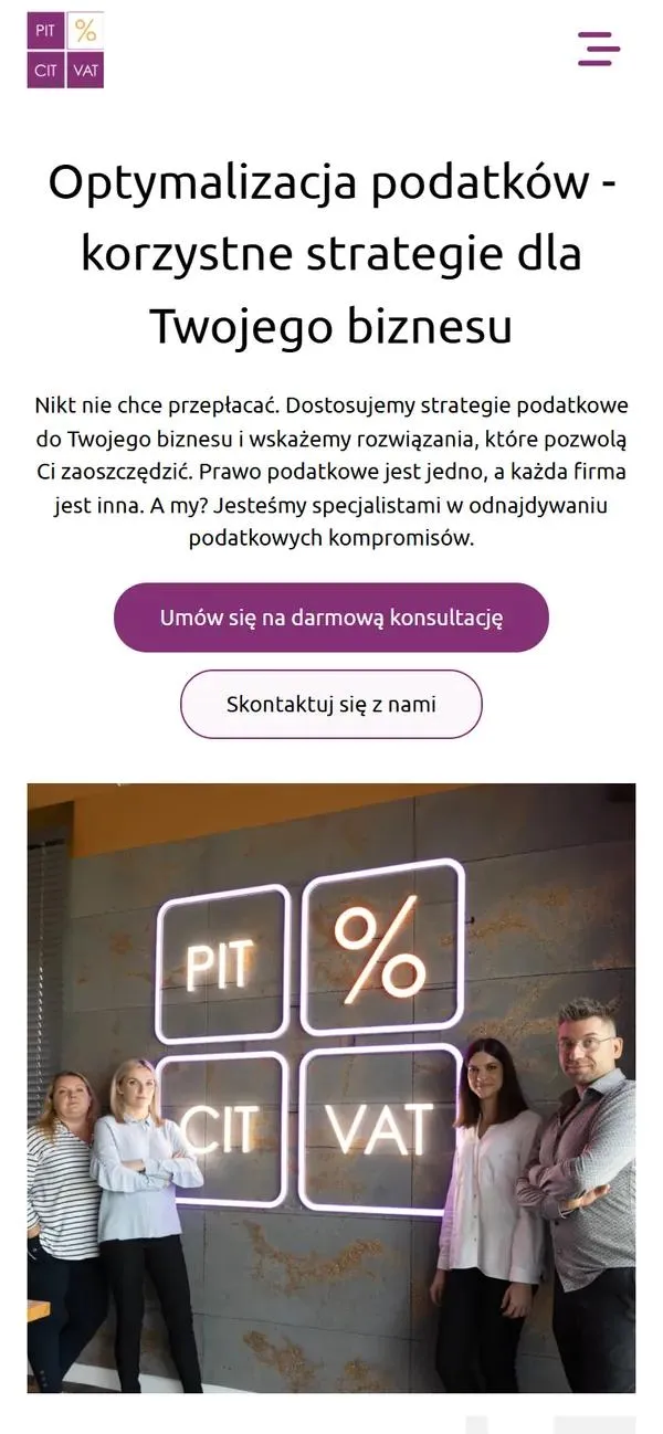 Podstrona Optymalizacja podatków na telefonie: nagłówek, opis usługi, przycisk darmowej konsultacji i zespół PitCitVat przy neonie z logo