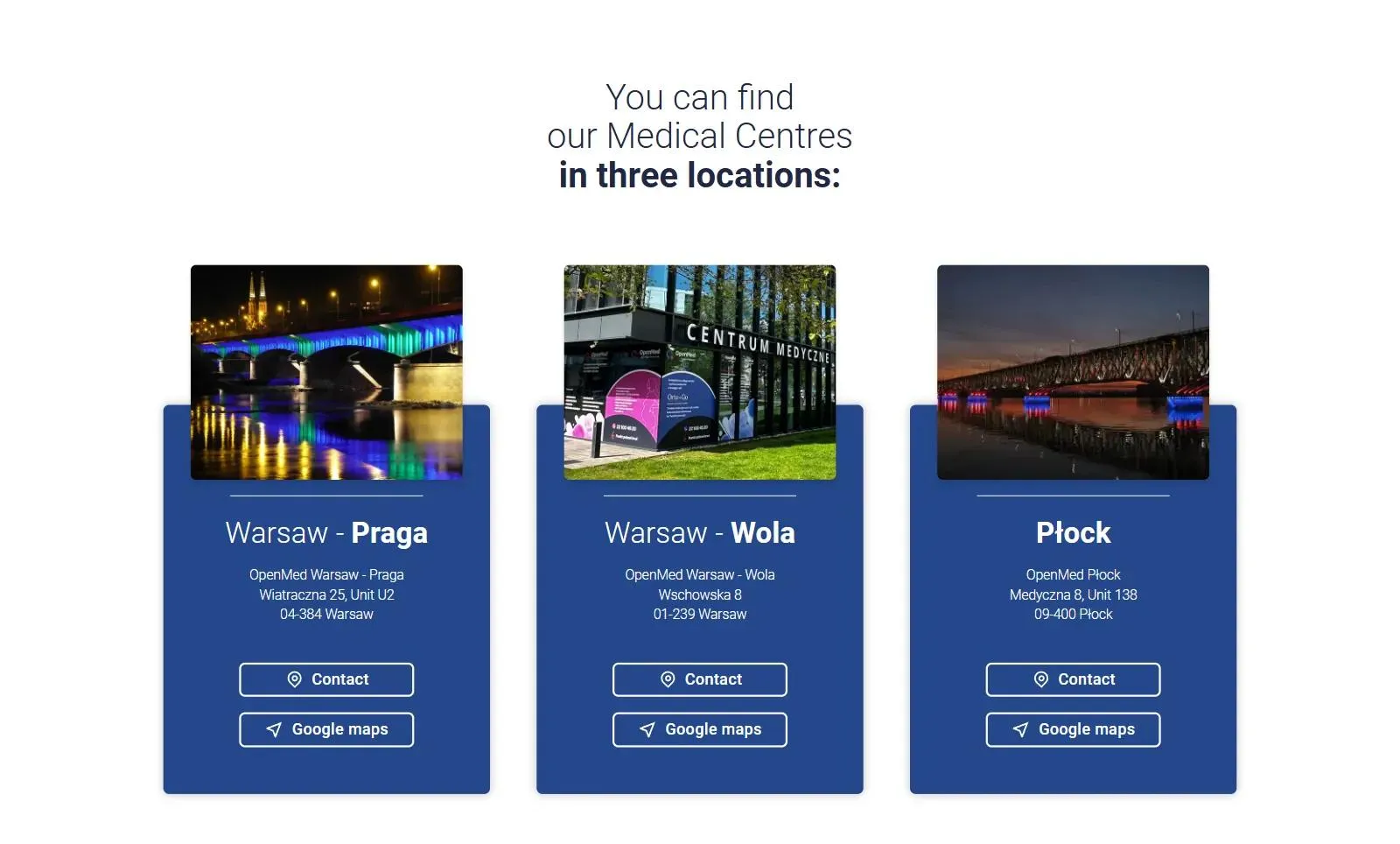 Sekcja z placówkami w angielskiej wersji openmed.pl: Warsaw - Praga, Warsaw - Wola i Płock z adresami oraz przyciskami Contact i Google maps