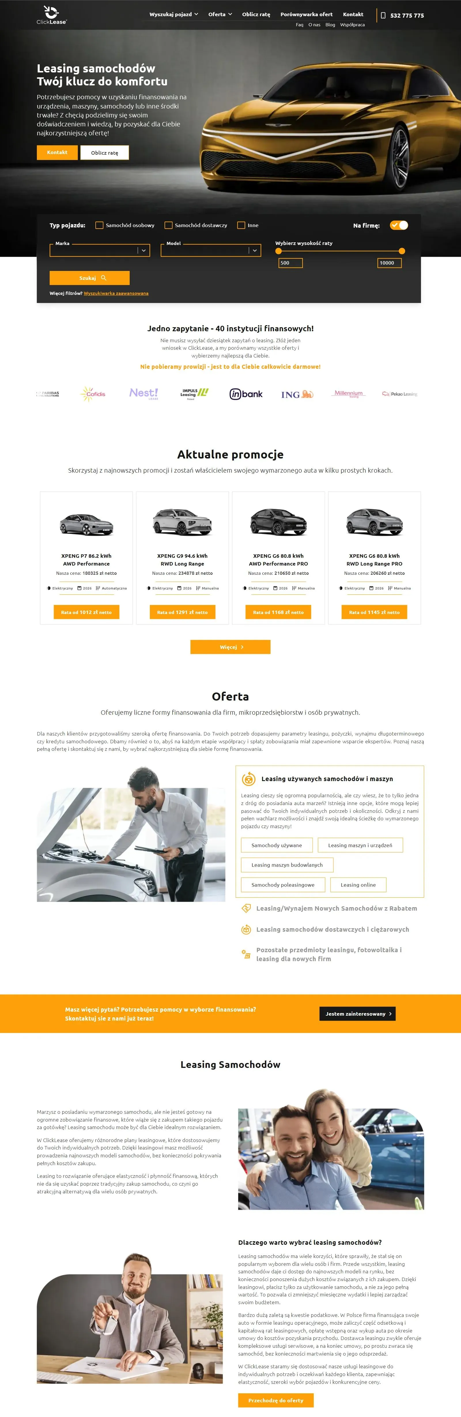 Strona główna clicklease.pl: hero z wyszukiwarką aut i suwakiem raty, logotypy instytucji finansowych, promocje aut z ratą i oferta finansowania