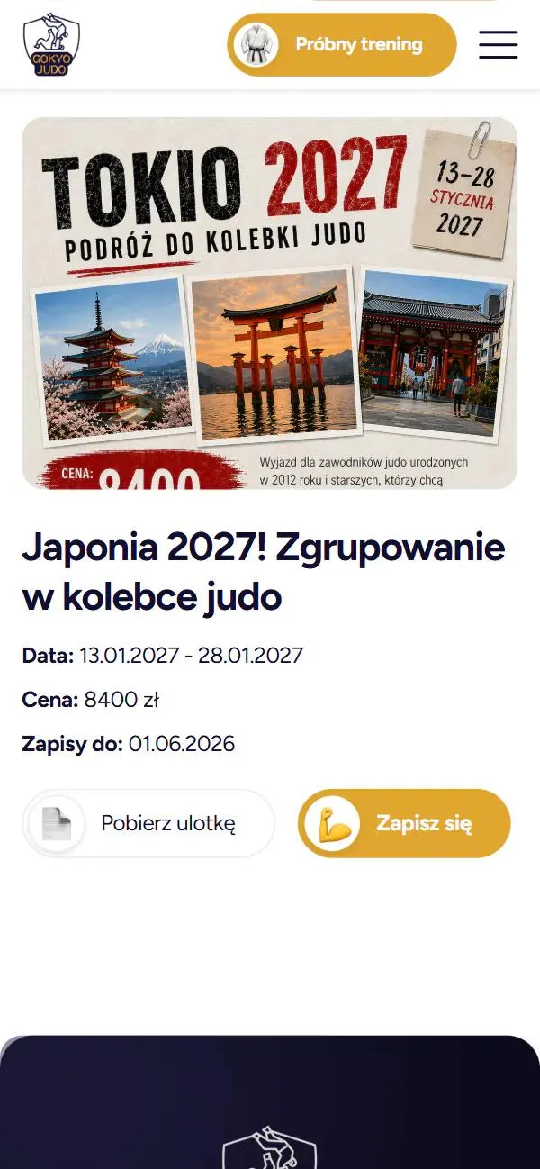 Karta wyjazdu Japonia 2027 na telefonie: plakat, termin, cena i przycisk zapisu