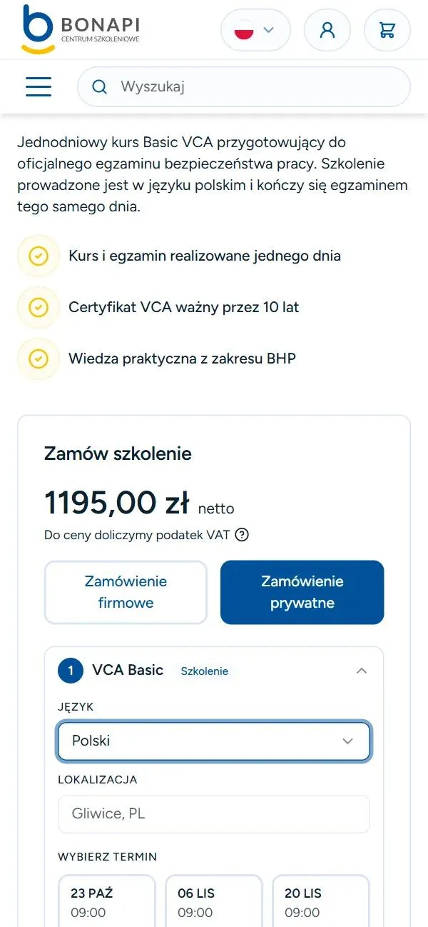 Konfigurator szkolenia VCA na bonapi.pl z ceną w złotych.