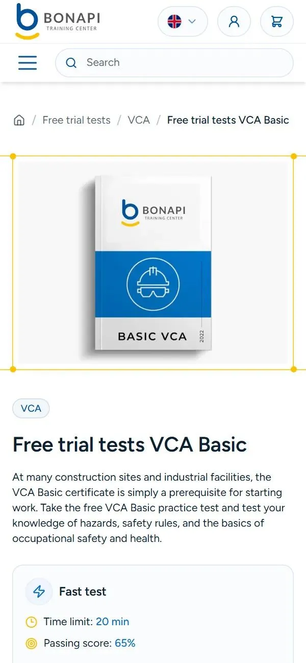 The free VCA Basic practice test page on bonapi.nl on a phone.