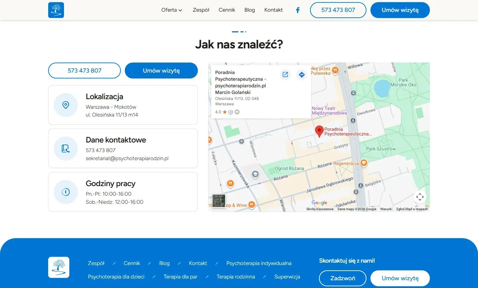 Sekcja Jak nas znaleźć?: adres przy ul. Olesińskiej na Mokotowie, telefon, e-mail, godziny pracy i mapa Google