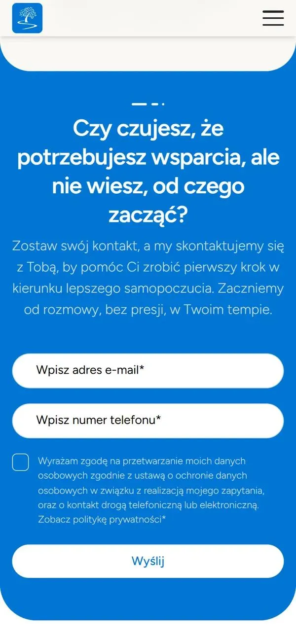 Krótki formularz w wersji mobilnej pod pytaniem, czy czujesz, że potrzebujesz wsparcia: pola e-mail i telefon oraz zgoda na kontakt