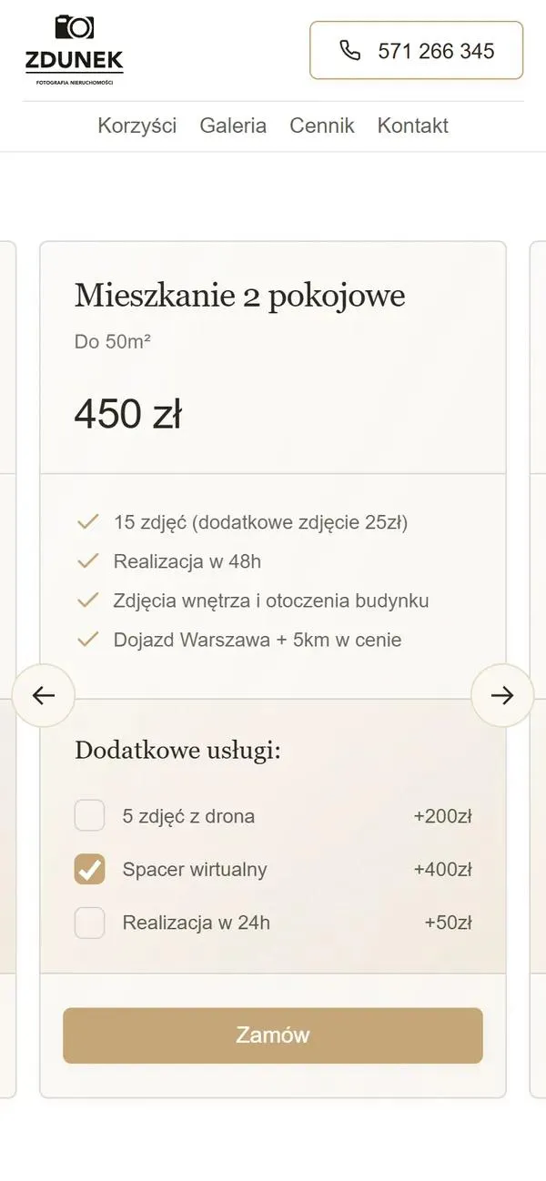 Pakiet Mieszkanie 2 pokojowe na telefonie: strzałki do przełączania pakietów, zaznaczony spacer wirtualny i przycisk Zamów