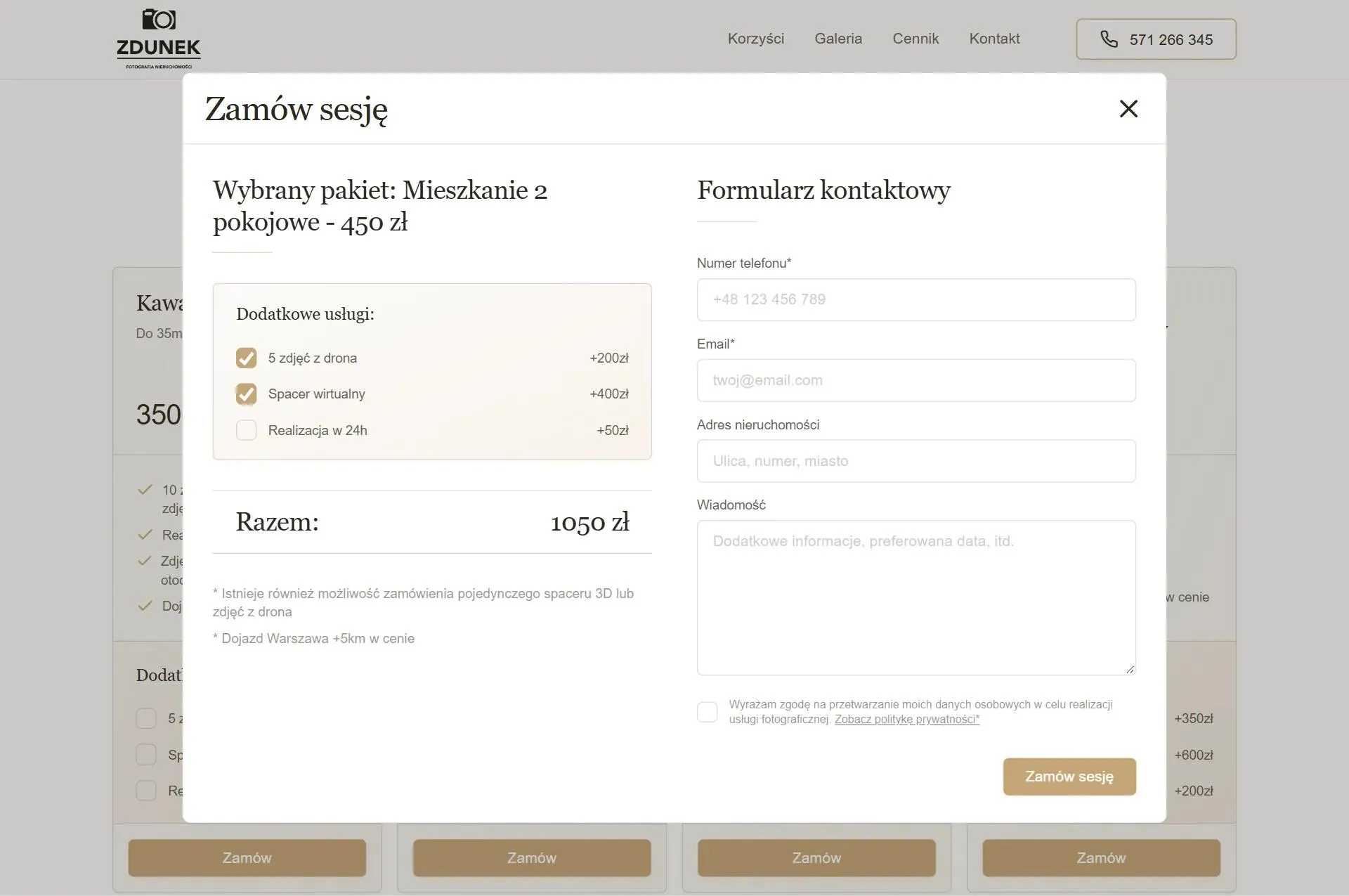 Okno Zamów sesję z pakietem Mieszkanie 2 pokojowe, dwoma zaznaczonymi dodatkami, sumą i formularzem: telefon, e-mail, adres, wiadomość