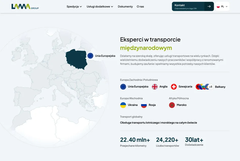 Interaktywny globus pokazujący zasięg działalności firmy.