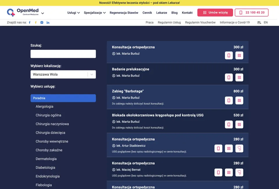 Wygodny cennik z wyszukiwarką, kategoriami i możliwością umawiania wizyt.
