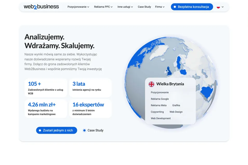 Interaktywny globus przedstawiający globalne lokalizacje świadczenia usług.