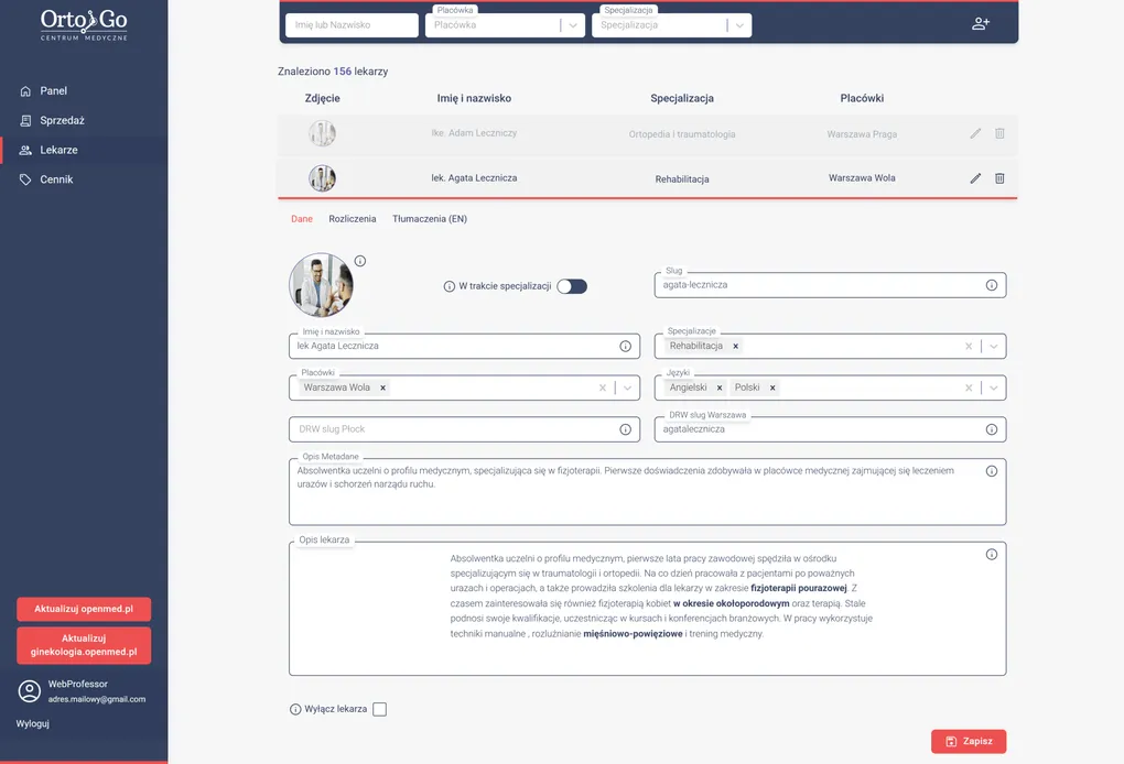 Kompleksowy panel zarządzania lekarzami i specjalizacjami.