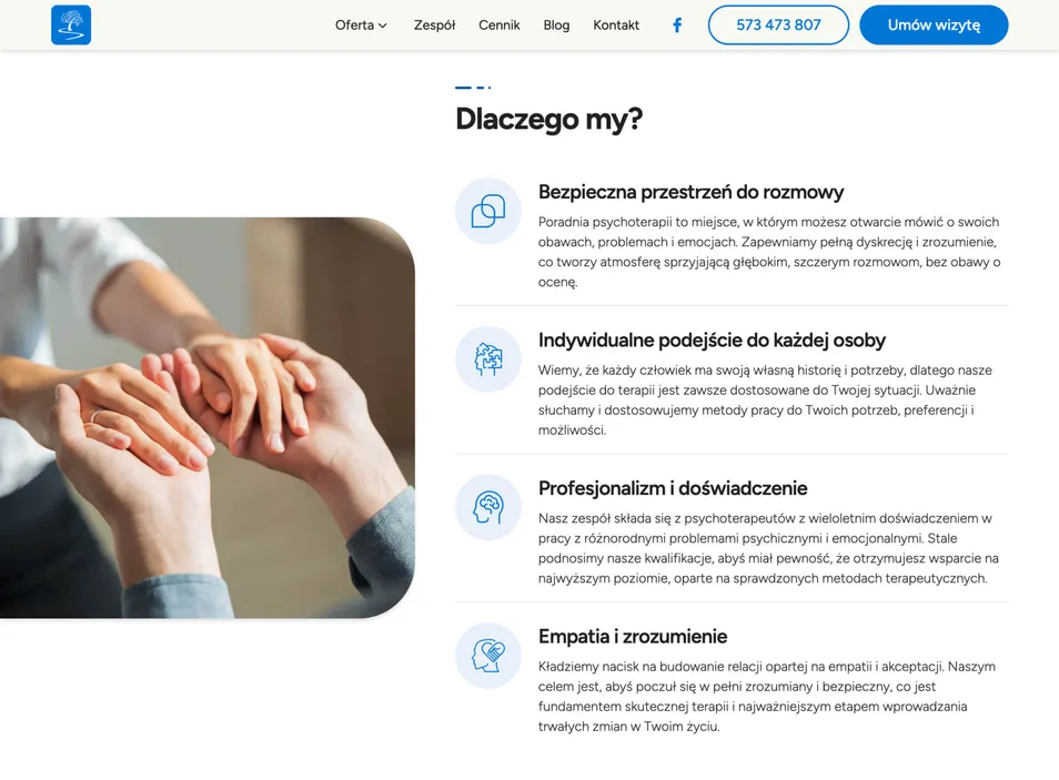 Sekcja "Dlaczego my?" budująca zaufanie poprzez transparentność.