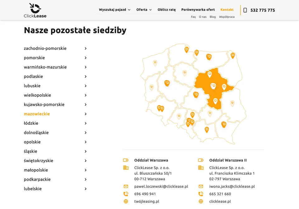 Interaktywna mapa oddziałów ClickLease.