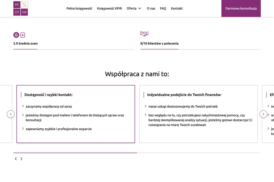 Interaktywny slider z kluczowymi benefitami współpracy księgowej.