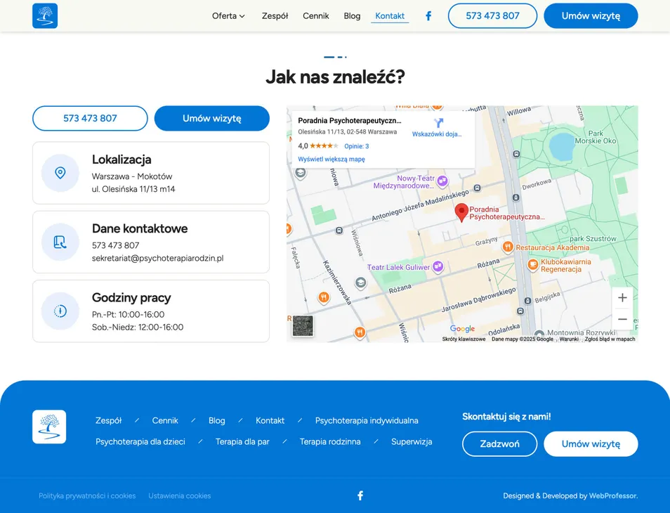 Sekcja kontaktowa z mapą i danymi kontaktowymi.