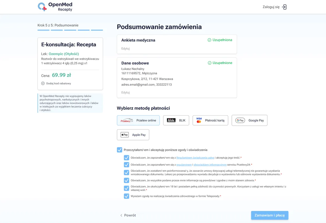 Podsumowanie zamówienia.