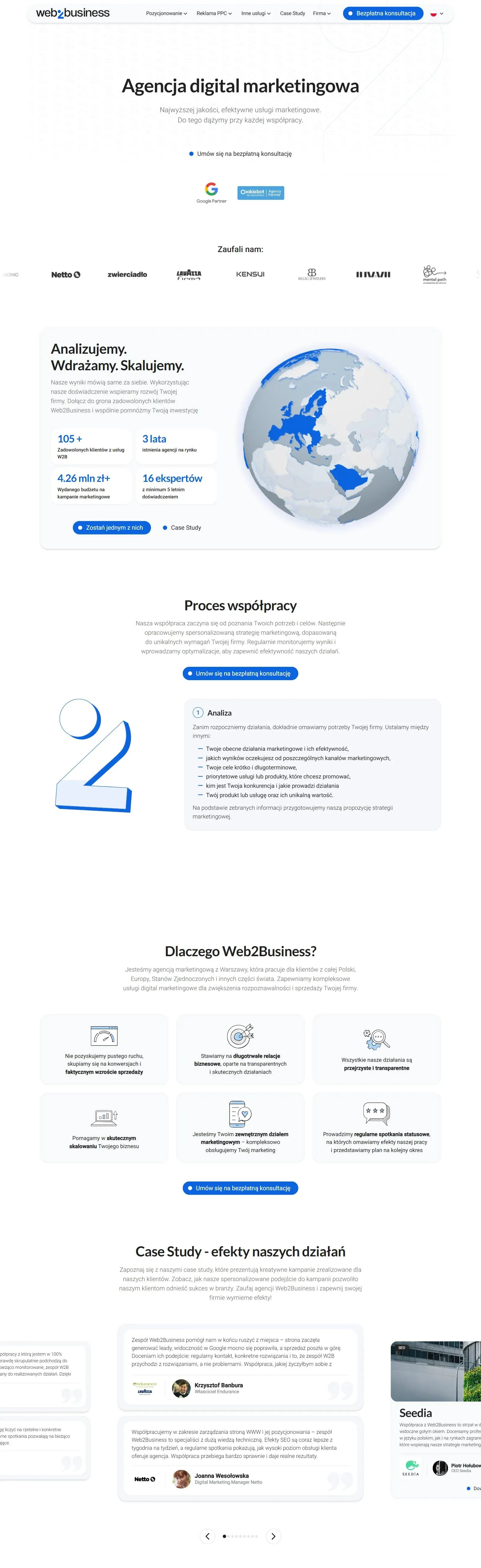 Strona główna w2b.agency: nagłówek, logotypy klientów, globus z licznikami, etapy współpracy, zalety agencji i case studies z opiniami