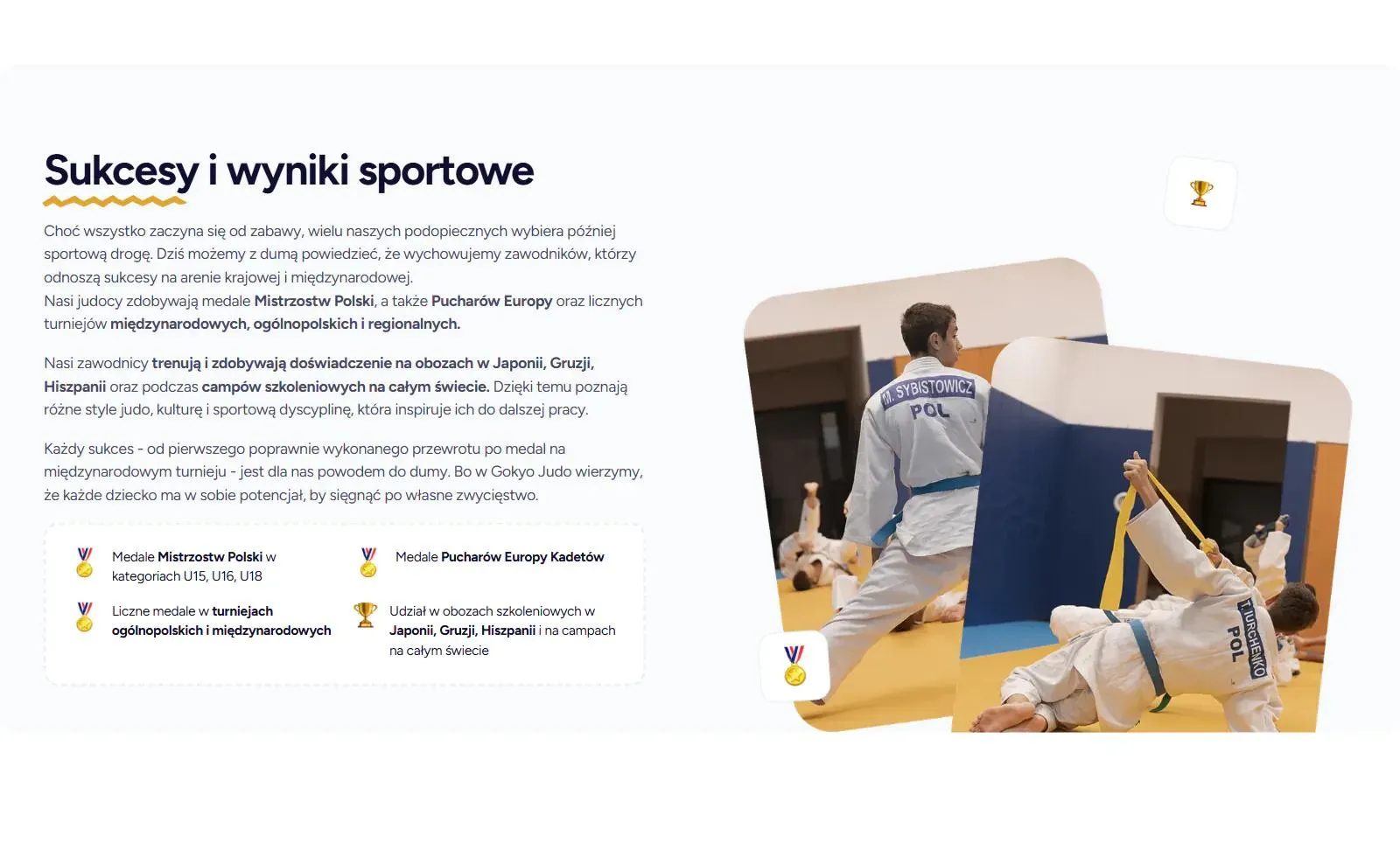 Sekcja Sukcesy i wyniki sportowe na stronie O nas: zdjęcia z zawodów i lista medali zawodników