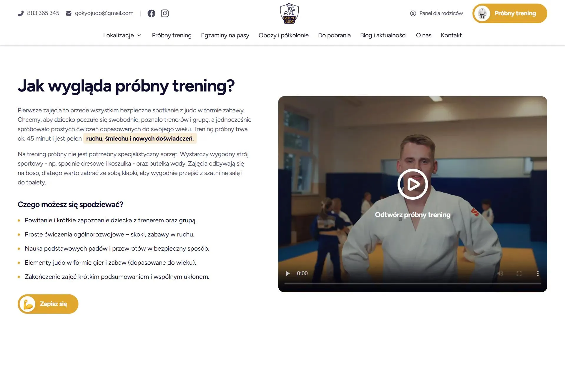 Sekcja Jak wygląda próbny trening z opisem zajęć i filmem z treningu