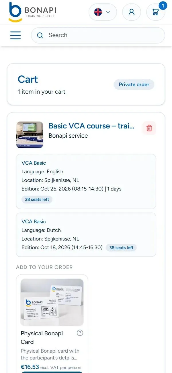 Mobilny koszyk bonapi.nl z wybranymi szkoleniami i dodatkiem.