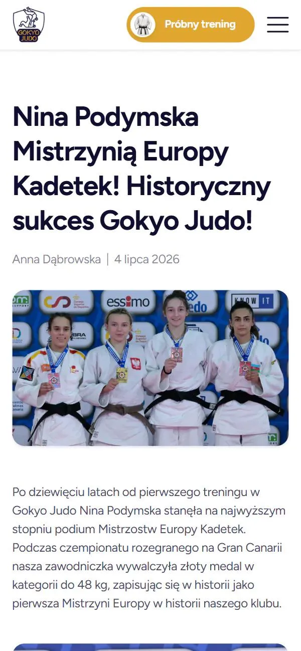 Aktualność o złotym medalu Niny Podymskiej na Mistrzostwach Europy Kadetek, w wersji mobilnej
