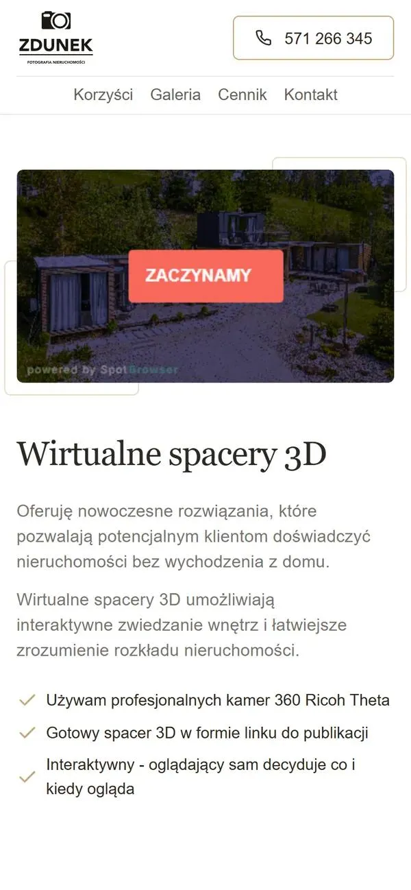 Sekcja Wirtualne spacery 3D na telefonie: osadzony spacer z przyciskiem Zaczynamy, opis usługi i punkty o kamerach 360 Ricoh Theta