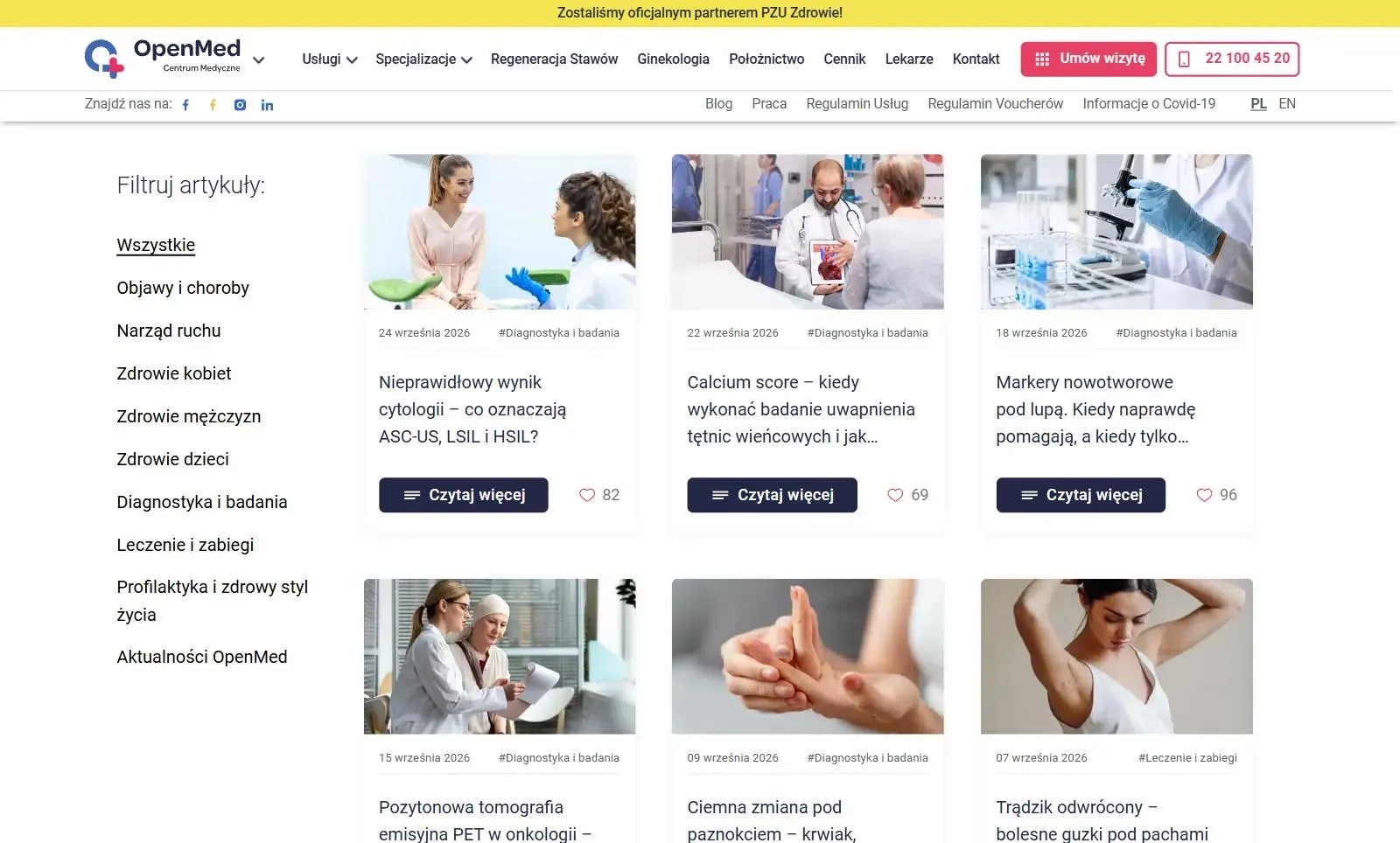 Blog na openmed.pl: filtry kategorii, m.in. objawy i choroby oraz diagnostyka i badania, i karty artykułów