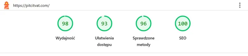 Wyniki Lighthouse dla strony głównej pitcitvat.com na telefonie: wydajność 98, ułatwienia dostępu 93, sprawdzone metody 96, SEO 100