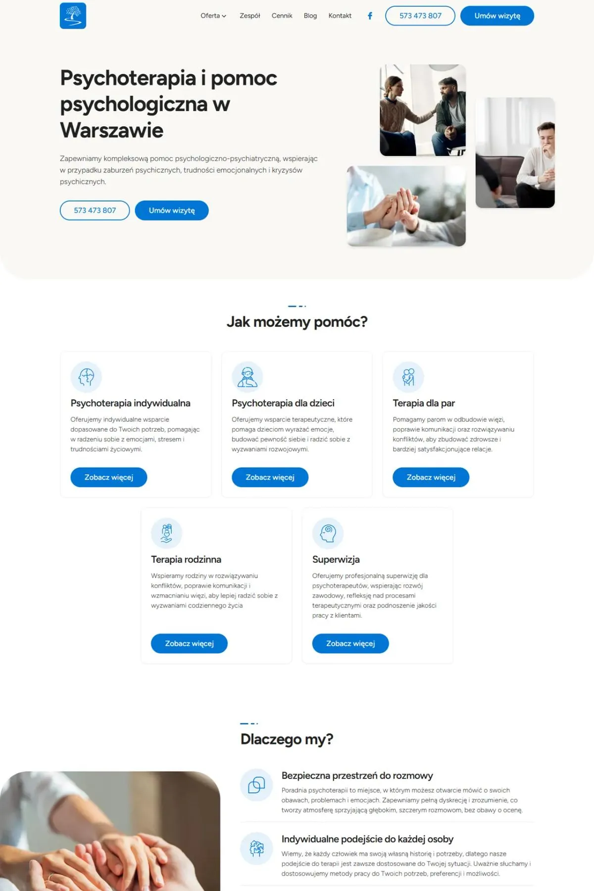 Psychoterapia Rodzin: a calm website for a psychotherapy center with booking for a chosen therapist