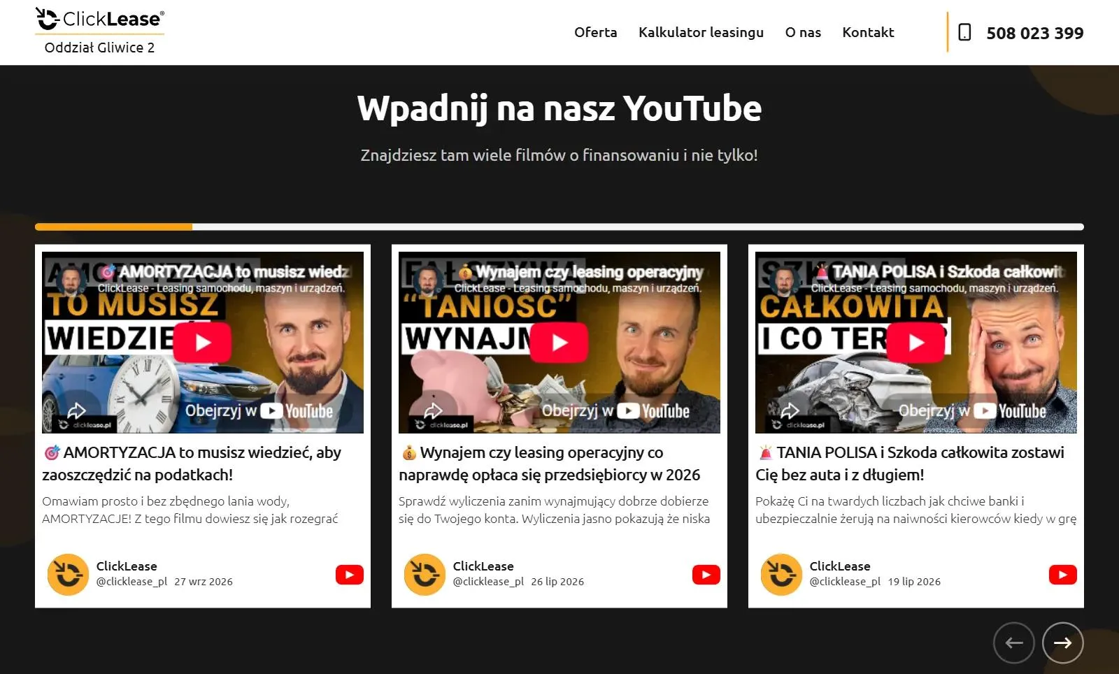 Sekcja Wpadnij na nasz YouTube na stronie ClickLease Gliwice 2: slider z trzema filmami z kanału ClickLease