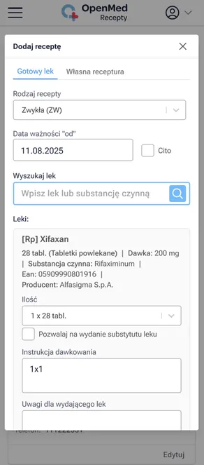 Mobilny widok wystawiania recept.