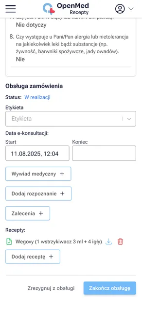 Mobilny widok obsługi zamówienia.